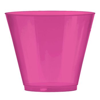 Pink transparent plastic cup on white background.