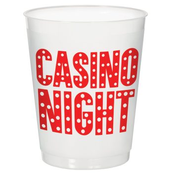 Clear plastic cup with bold red 'CASINO NIGHT' text.