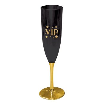 Elegant black and gold VIP champagne flute.
