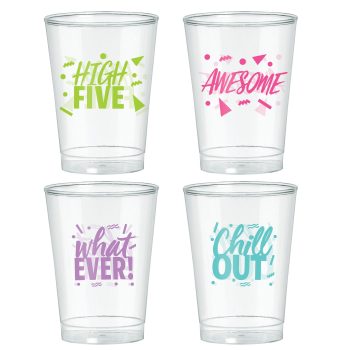 Set of four clear glasses with fun, colorful phrases.