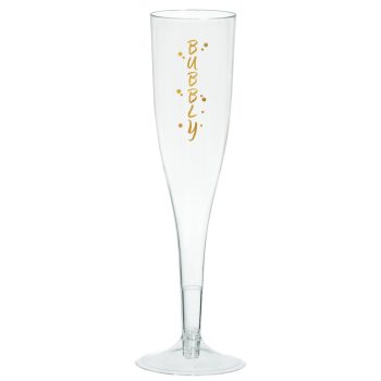 Tall champagne flute with "Bubbly" in gold.