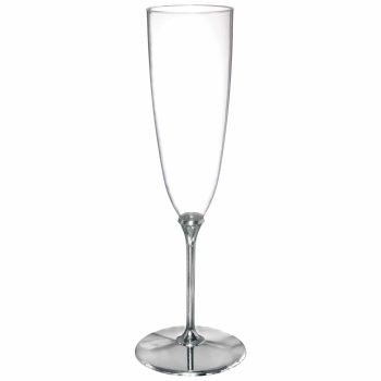 Clear champagne flute on white background.