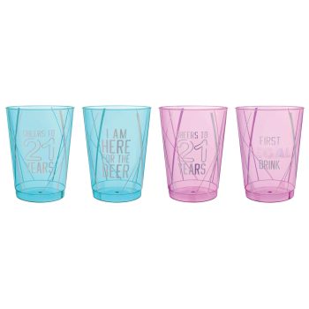Four colorful shot glasses with text designs.
