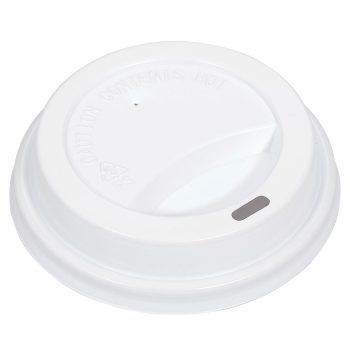 White plastic coffee cup lid, caution text.