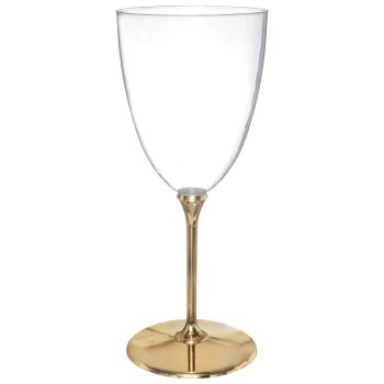 Wine glass with a gold stem.