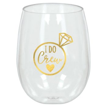 Clear glass with gold 'I Do Crew' text and diamond ring design.