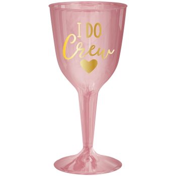 Pink plastic wine glass with gold text and heart design.