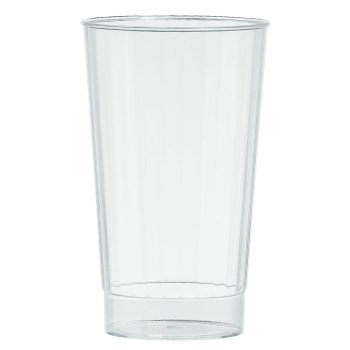 Transparent plastic cup on white background.