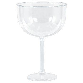 Clear plastic coupe glass on white background.