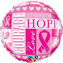 Pink balloon with motivational words and ribbons.