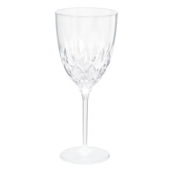 Crystal wine glass with intricate design.