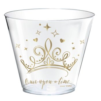 Glass with gold crown design and text.