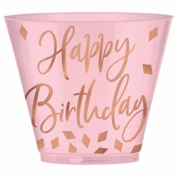 Pink cup with "Happy Birthday" in gold.