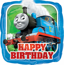 Thomas the Tank Engine with Happy Birthday text on a colorful background.
