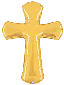 A shiny gold balloon shaped like a cross.