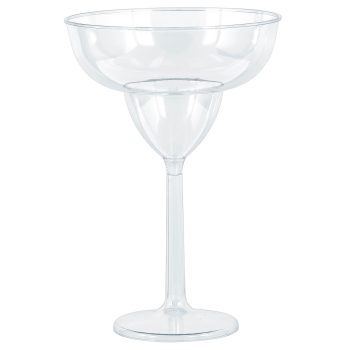 Clear plastic margarita glass on white background.