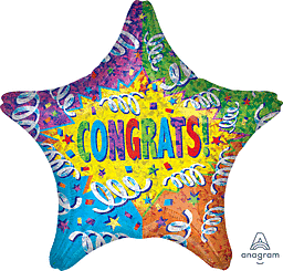 Colorful star-shaped balloon with "Congrats" message and confetti design.