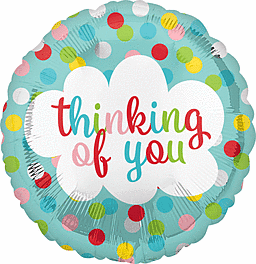 Colorful balloon with 'thinking of you' message and polka dots.