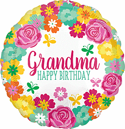Colorful floral balloon wishing Grandma a happy birthday.