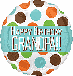 Colorful polka dot balloon saying Happy Birthday Grandpa.
