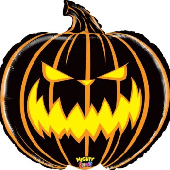 Scary jack-o'-lantern face on pumpkin balloon.