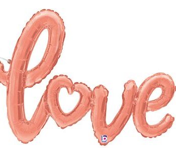Pink balloon letters spelling 'love' with a heart shape in the 'o'.