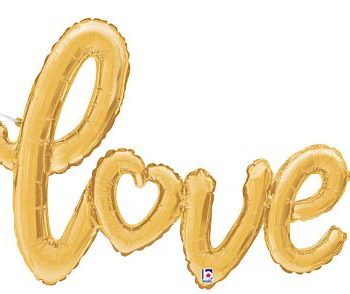 Gold balloon spelling 'love' with a heart-shaped 'o'.