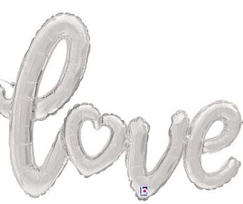 Silver balloon spelling the word 'love' with a heart-shaped 'o'.