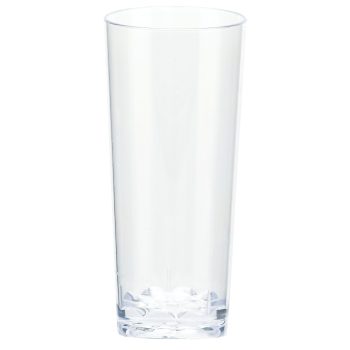 Tall clear glass on white background.