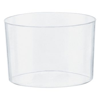 Clear plastic cylindrical container on white background.