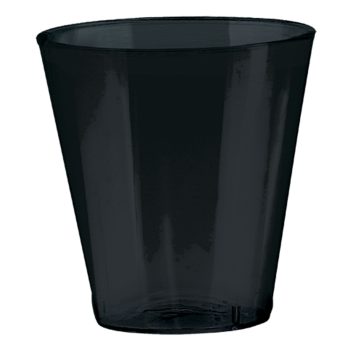 Black plastic drinking cup, transparent and tapered.