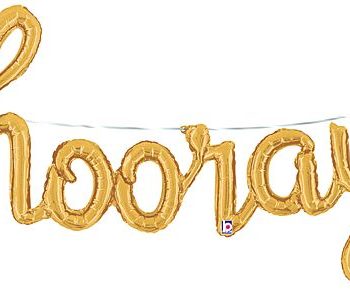 Gold foil balloon spelling 'hooray' on a white background.