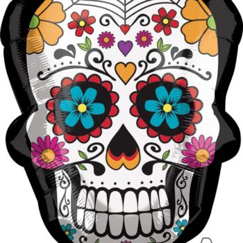 Colorful sugar skull with floral designs.