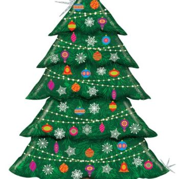 Decorated Christmas tree with star and ornaments.
