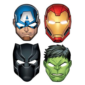 Superhero masks: Captain America, Iron Man, Black Panther, Hulk.