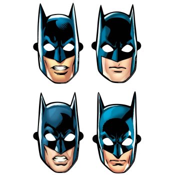 Four cartoon Batman faces with different expressions.