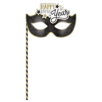 New Years Mask On A Stick - Black, Silver, Gold