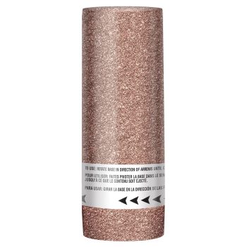 Shimmering rose gold cylindrical object with label.