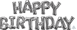 Silver foil balloons spelling Happy Birthday.