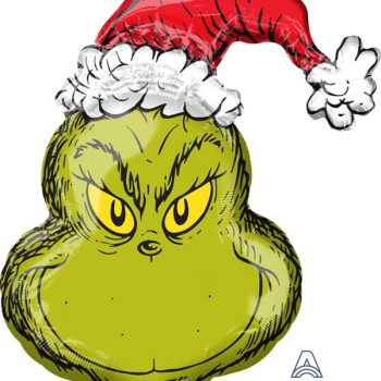 Green character with Santa hat balloon.