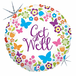 Colorful floral balloon with 'Get Well' message and butterflies.