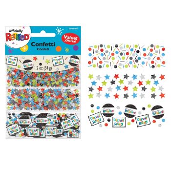 Colorful confetti featuring various shapes and designs in a clear pack.