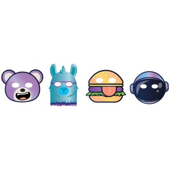 Cartoon icons: bear, llama, burger, helmet.