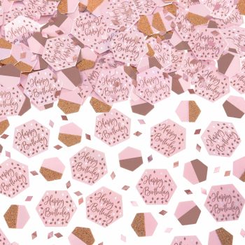 Pink and gold "Happy Birthday" confetti scattered.