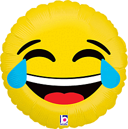 Yellow balloon with a laughing crying emoji face.