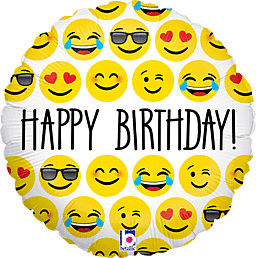 A cheerful Happy Birthday balloon with smiling and laughing emojis.