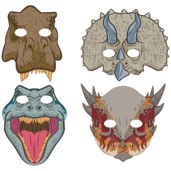 Four colorful dinosaur-themed face masks.