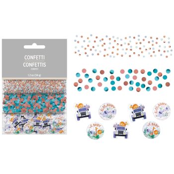 A confetti pack with colorful confetti and themed cutouts.