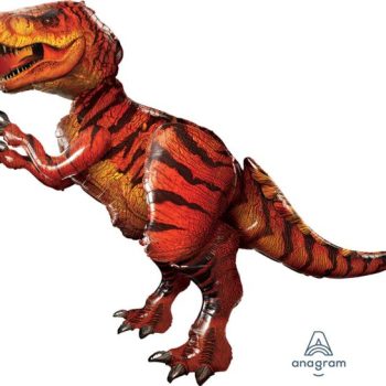 Inflatable red and black striped dinosaur toy against a white background.