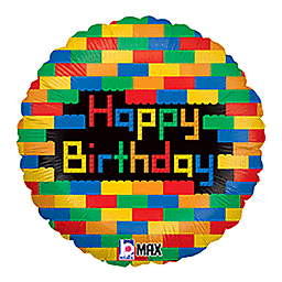 Colorful LEGO-style Happy Birthday balloon.